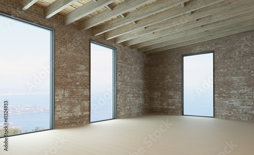 Empty living room interior with brick wall
