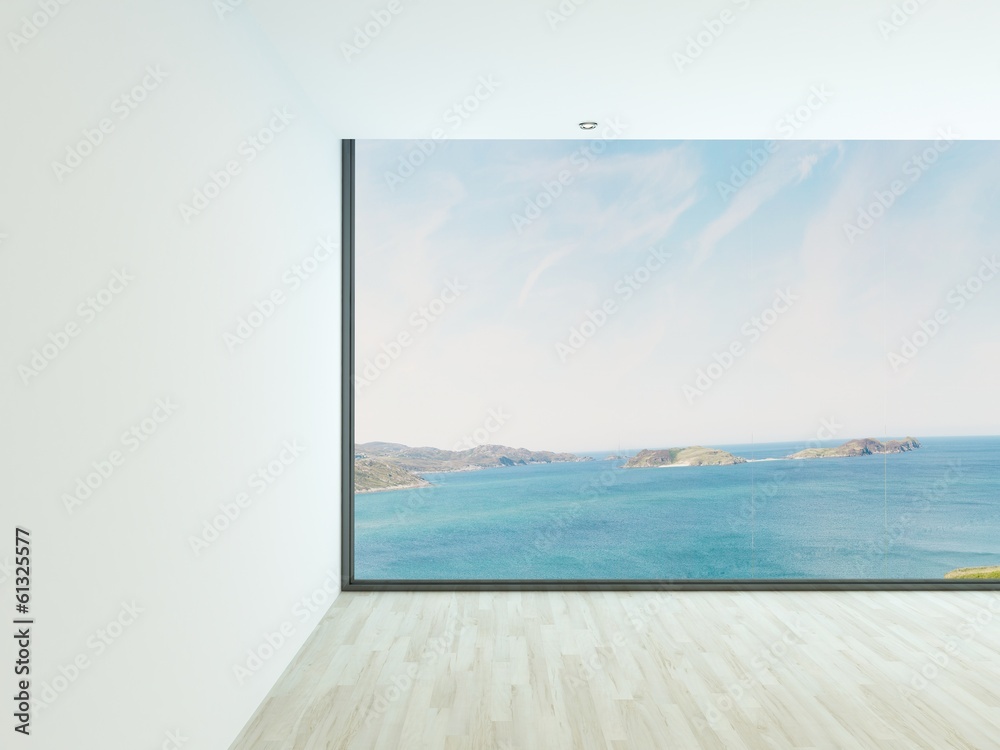 Empty living room interior with seascape view