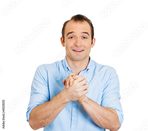 Man gesturing with clasped photo