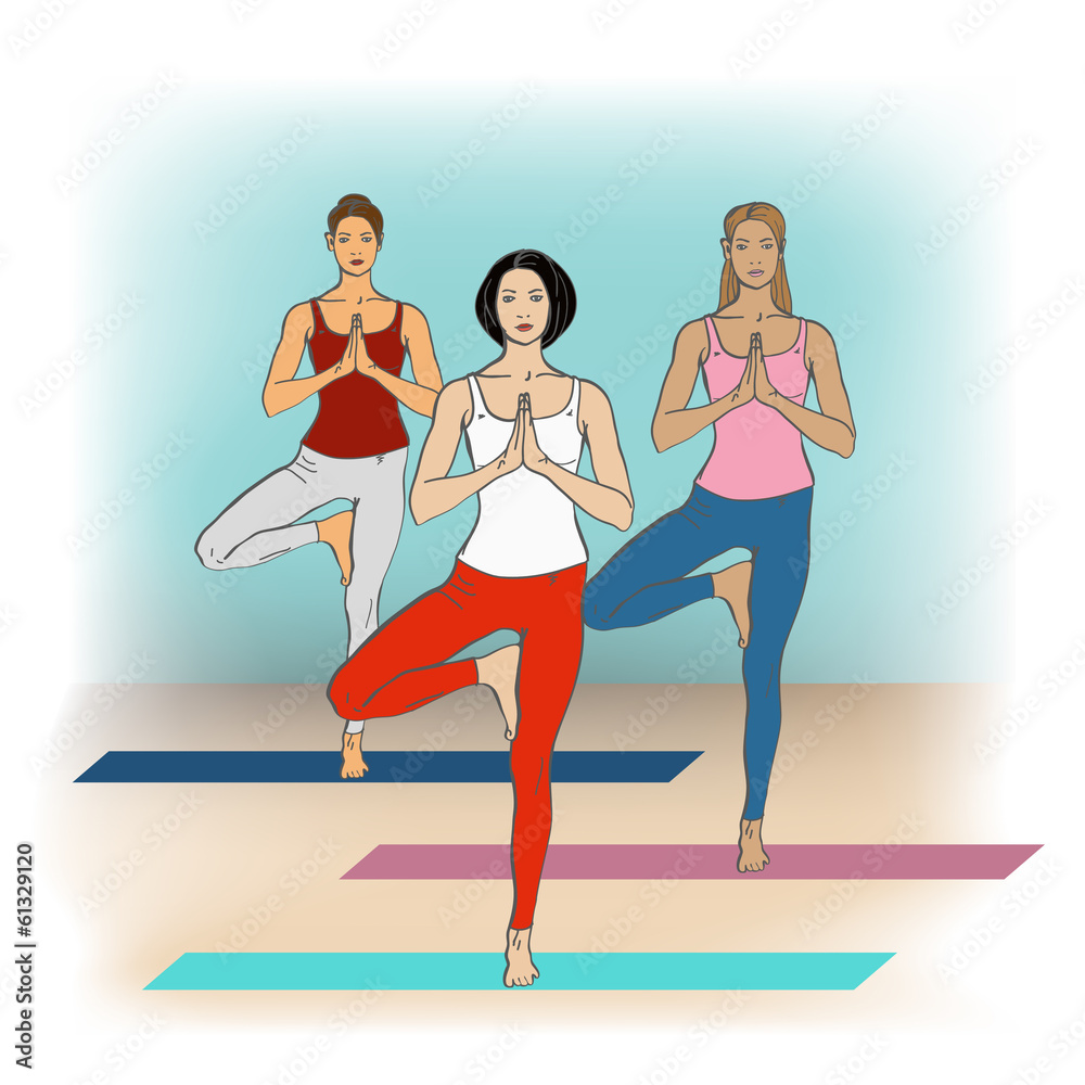 Naklejka premium Yoga Studio. Yoga class. Women in yoga poses in yoga class.