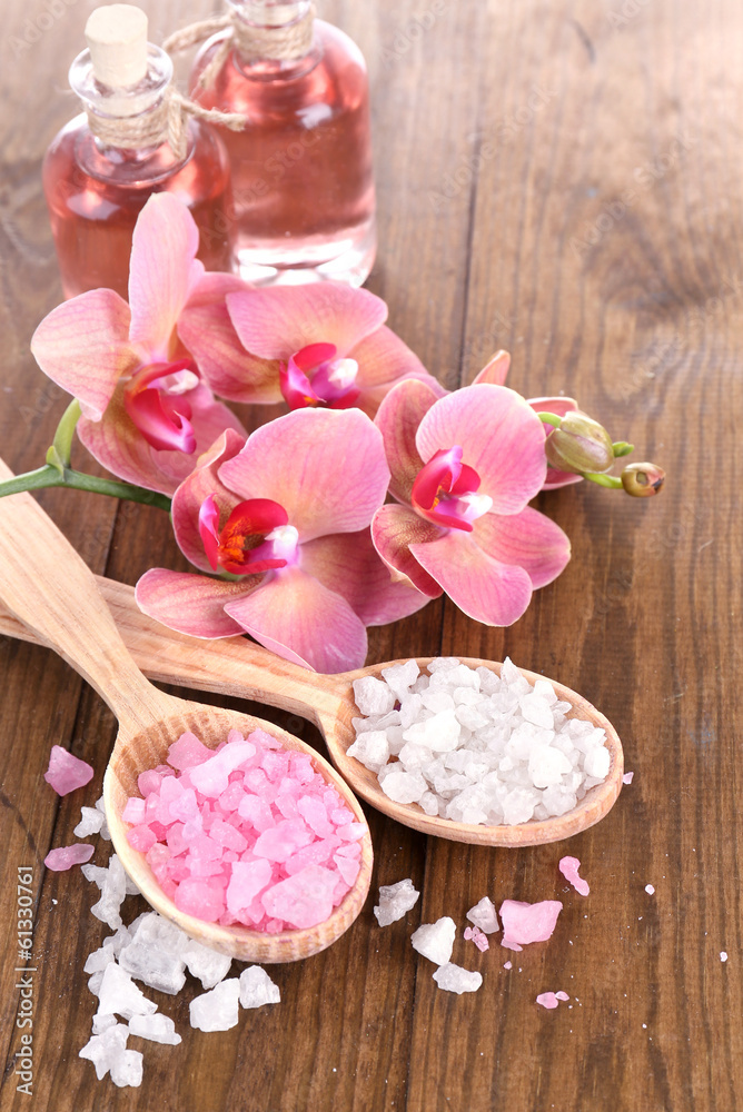 Spa treatments on color wooden background Spa treatments on color wooden background