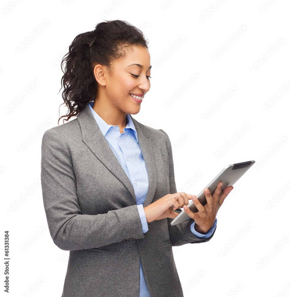 smiling woman looking at tablet pc smiling woman looking at tablet pc