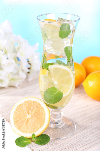 Glass of cocktail with lemon and mint