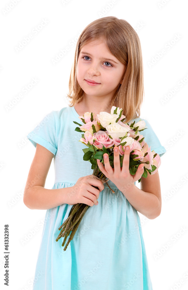 Beautiful little girl holding bouquet isolated on white Beautiful little girl holding bouquet isolated on white