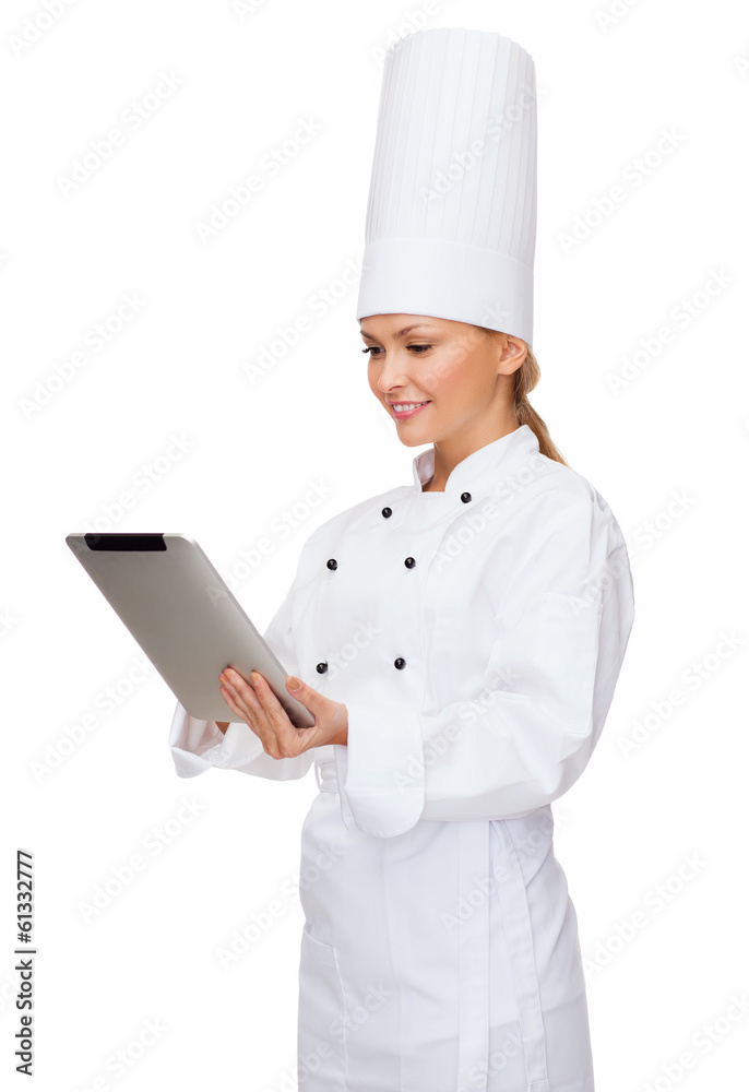 smiling female chef with tablet pc computer smiling female chef with tablet pc computer