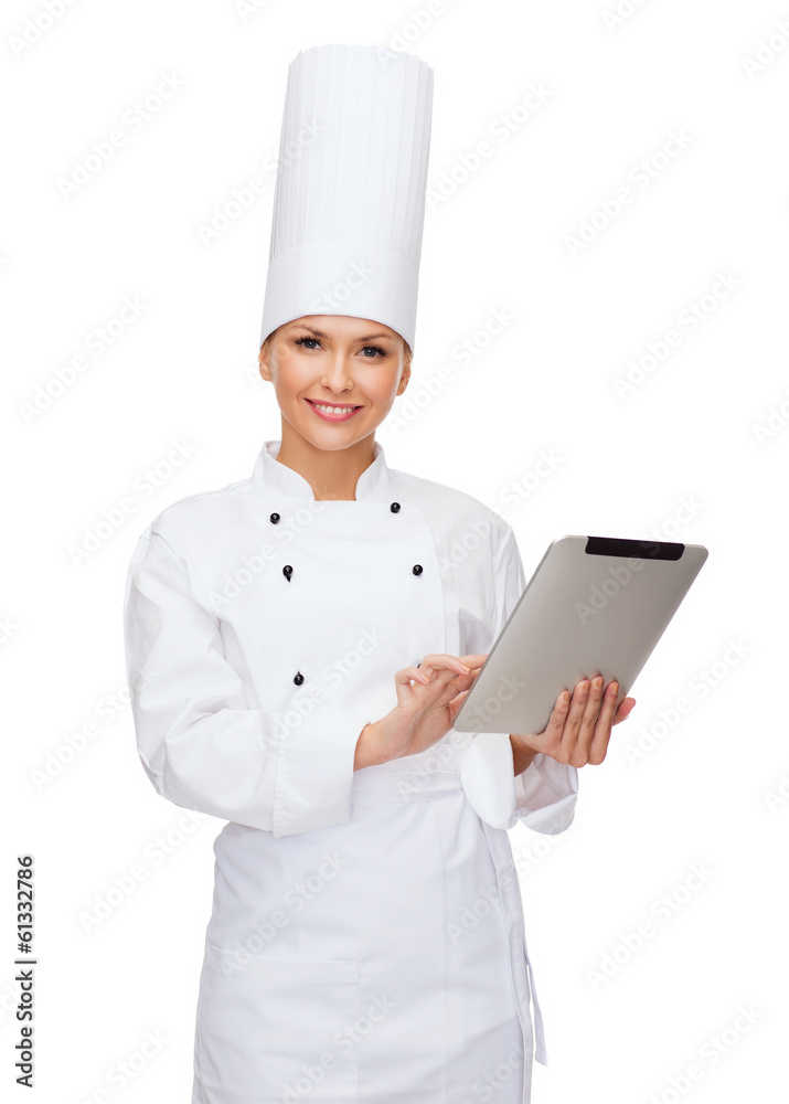smiling female chef with tablet pc computer smiling female chef with tablet pc computer