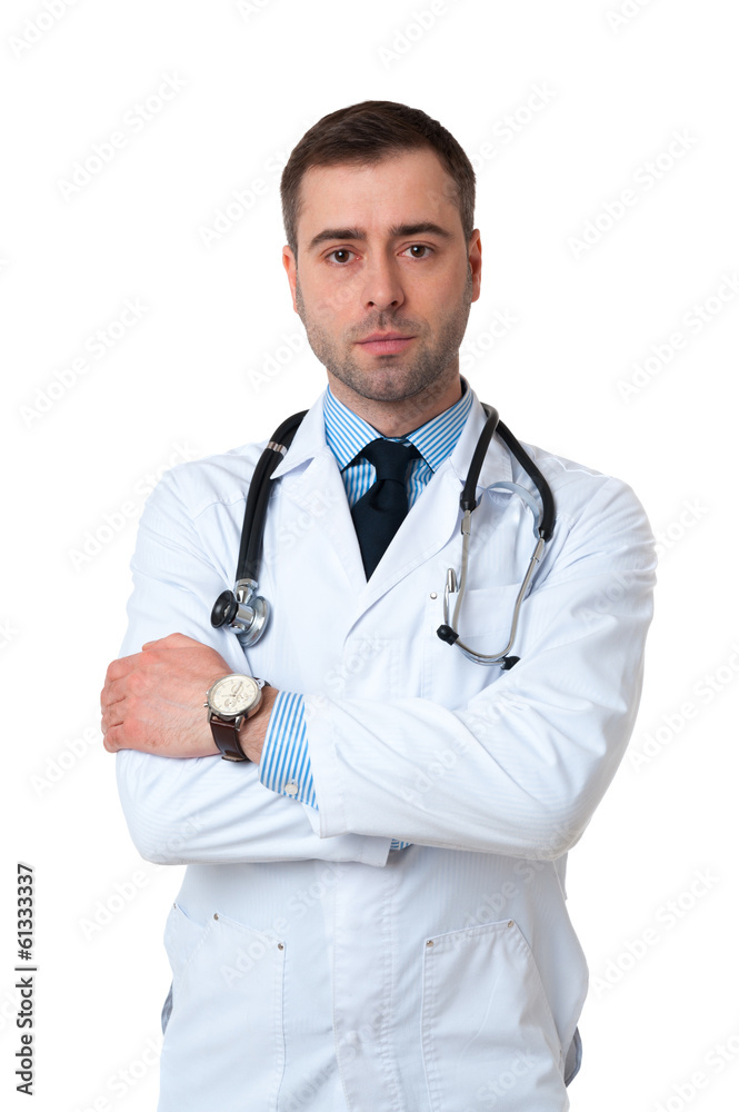 Portrait of smiling mature male doctor crossed arms with stethos Portrait of smiling mature male doctor crossed arms with stethos