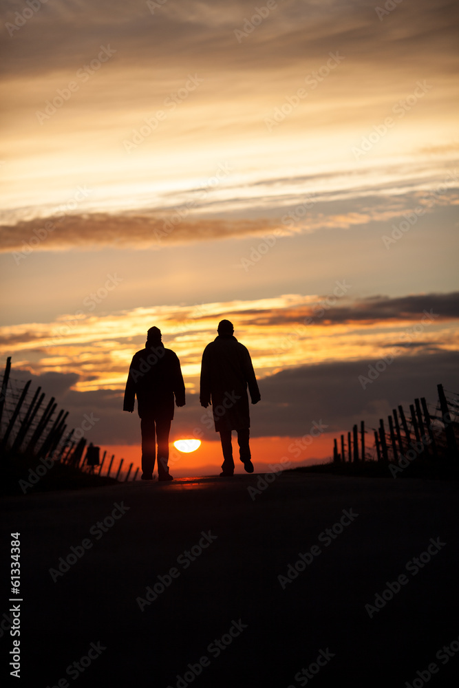 two silhouetted seniors walking in sunset two silhouetted seniors walking in sunset