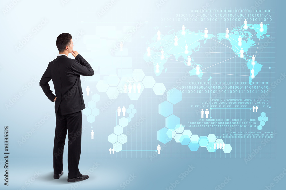 Businessman looking to the future information technology digital Businessman looking to the future information technology digital