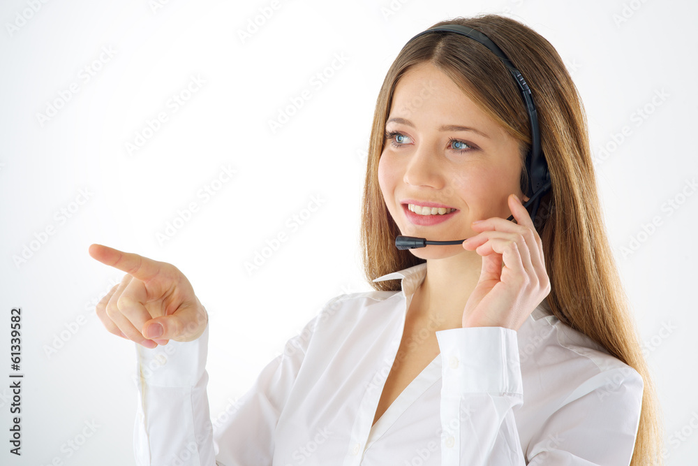 Woman call operator touching imaginary button Woman call operator touching imaginary button