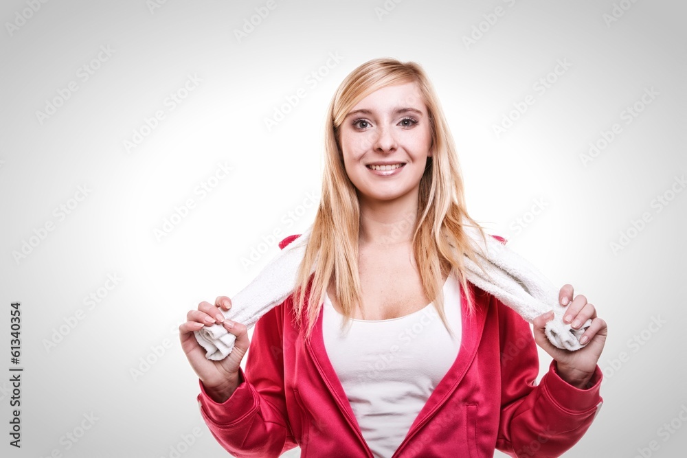 Fitness sport woman white towel on shoulders, studio shot Fitness sport woman white towel on shoulders, studio shot