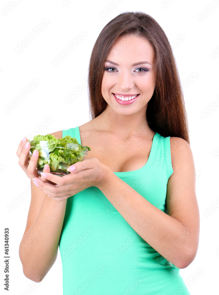 Beautiful girl with fresh salad isolated on white Beautiful girl with fresh salad isolated on white