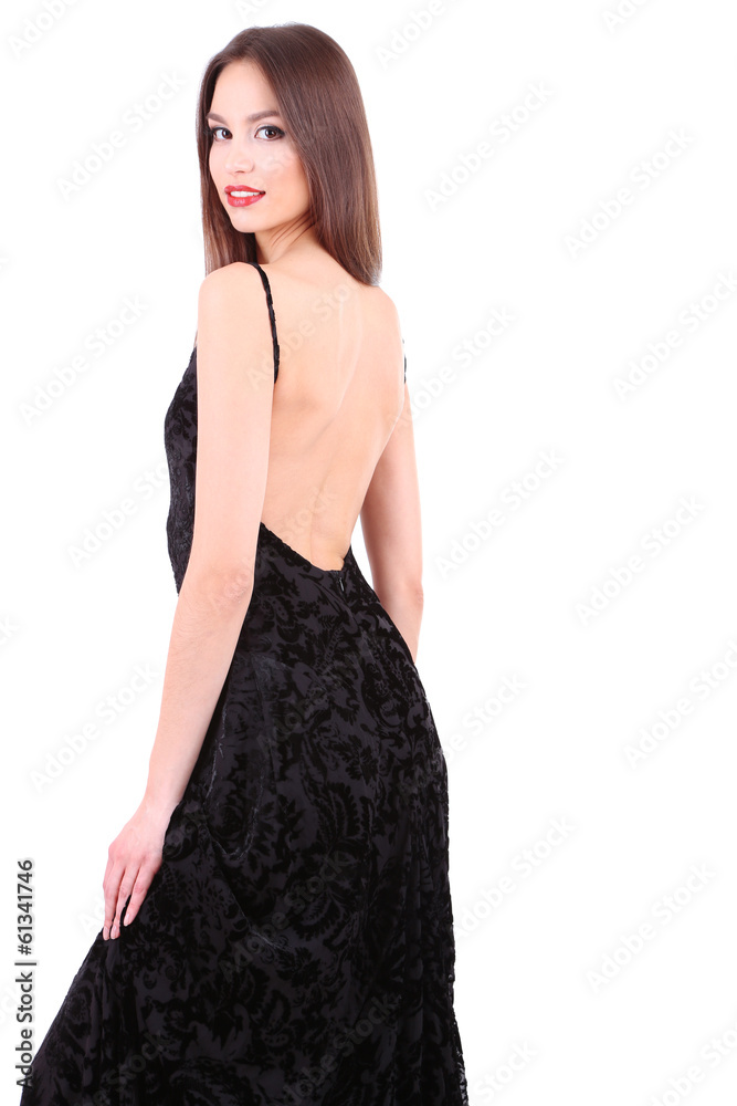 Beautiful young woman in black dress isolated on white Beautiful young woman in black dress isolated on white