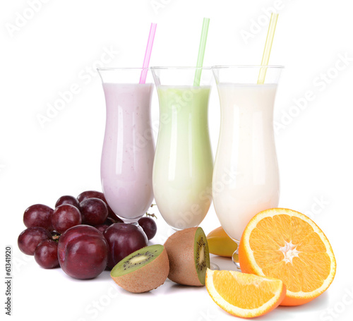 Milk shakes with fruits isolated on white