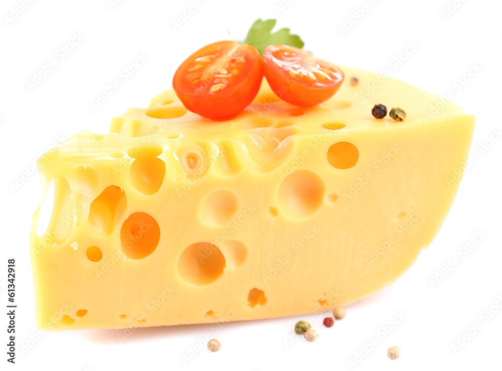 Piece of cheese and tomatoes, isolated on white Piece of cheese and tomatoes, isolated on white