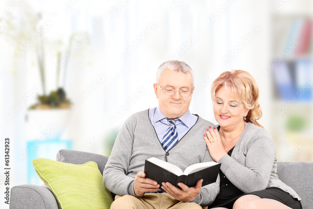 Mature couple reading a book seated on couch, at home