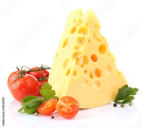Piece of cheese and tomatoes, isolated on white