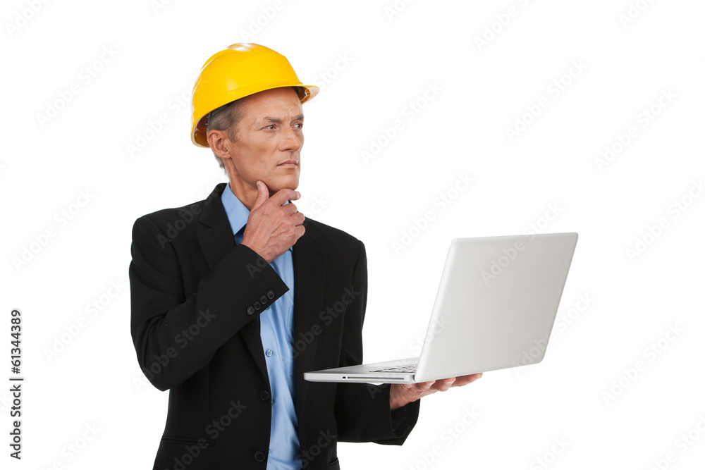 male inspector in helmet working on computer. male inspector in helmet working on computer.
