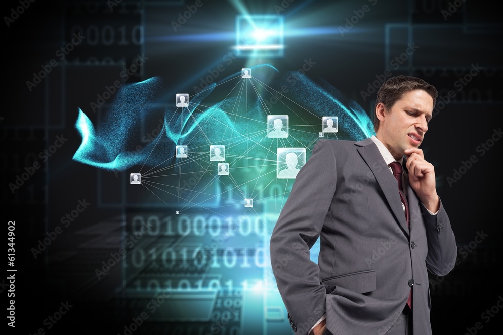 Composite image of thoughtful businessman with hand on chin
