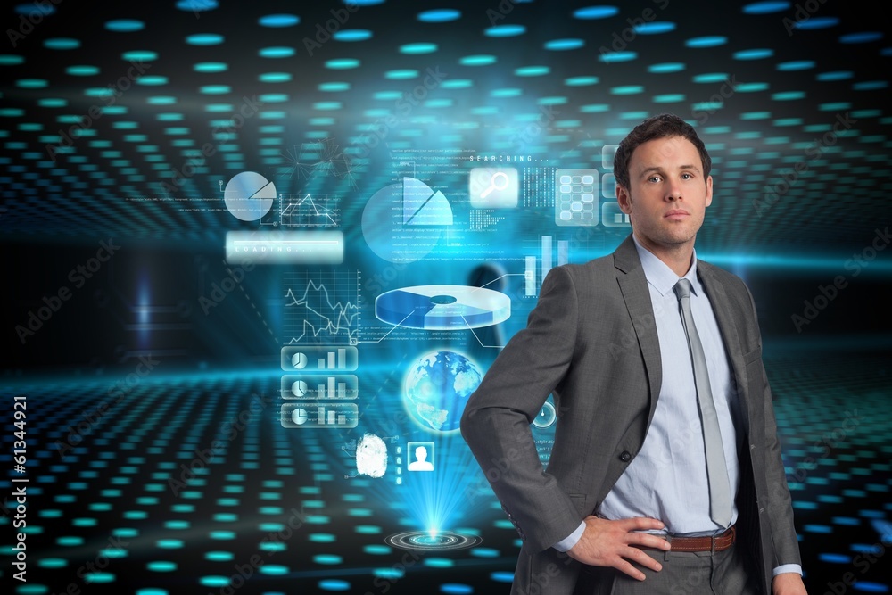 Composite image of serious businessman with hand on hip Composite image of serious businessman with hand on hip