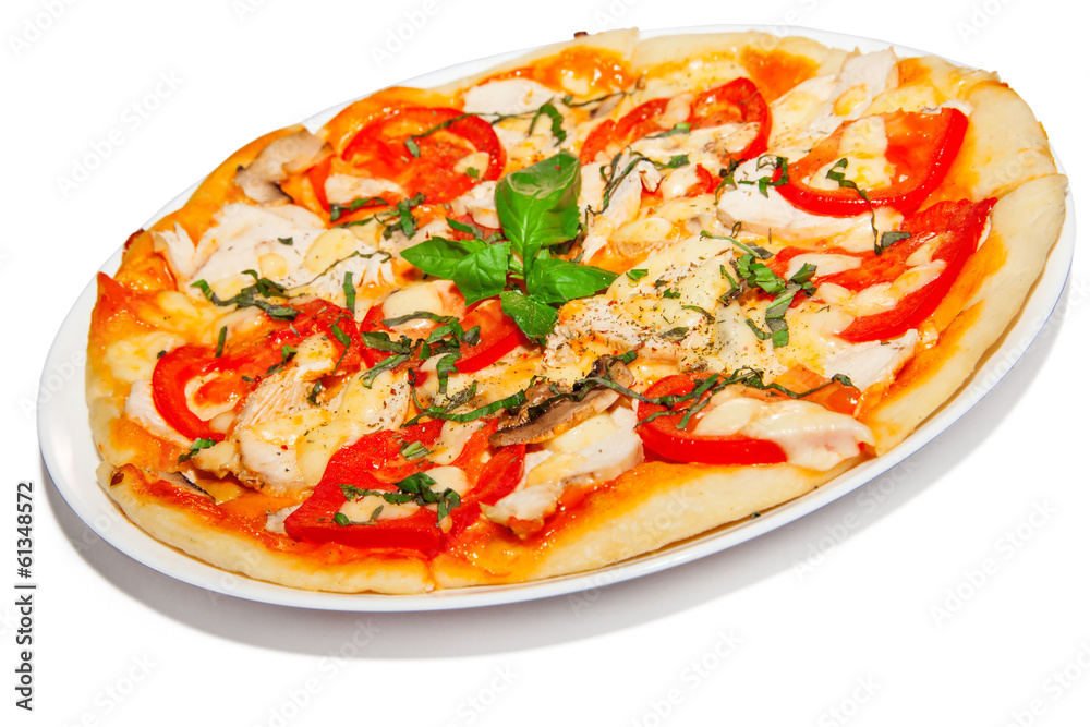 Pizza with chicken, mushroom, cheese and tomato, fast food on Pizza with chicken, mushroom, cheese and tomato, fast food on