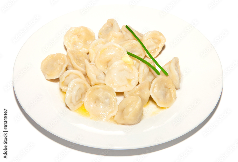 Delicious hot dumplings with meat and sauce on plate Delicious hot dumplings with meat and sauce on plate