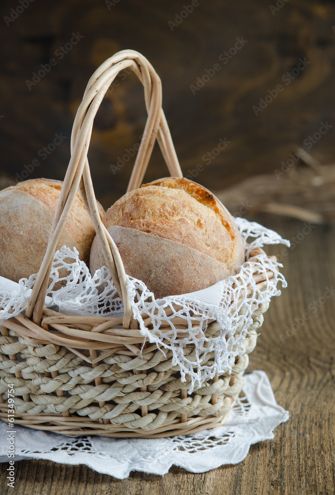 Homemade fresh buns bread in a basket