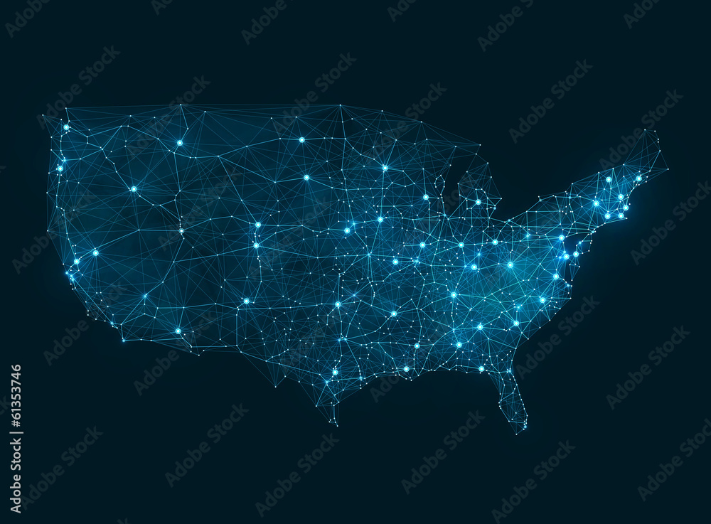 Naklejka premium Mapa abstrakcyjnej sieci telekomunikacyjnej - USA