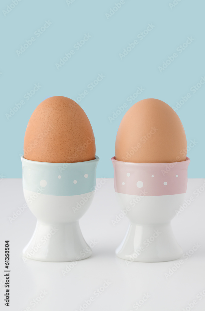 Two Brown Eggs in Patterned Eggcups Two Brown Eggs in Patterned Eggcups