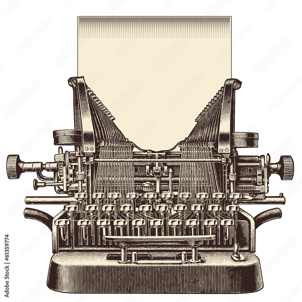 front view of a vintage typewriter with a blank sheet of paper