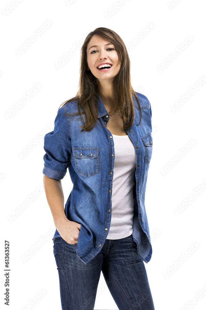 Beautiful and attractive woman wearing a jeans shirt Beautiful and attractive woman wearing a jeans shirt