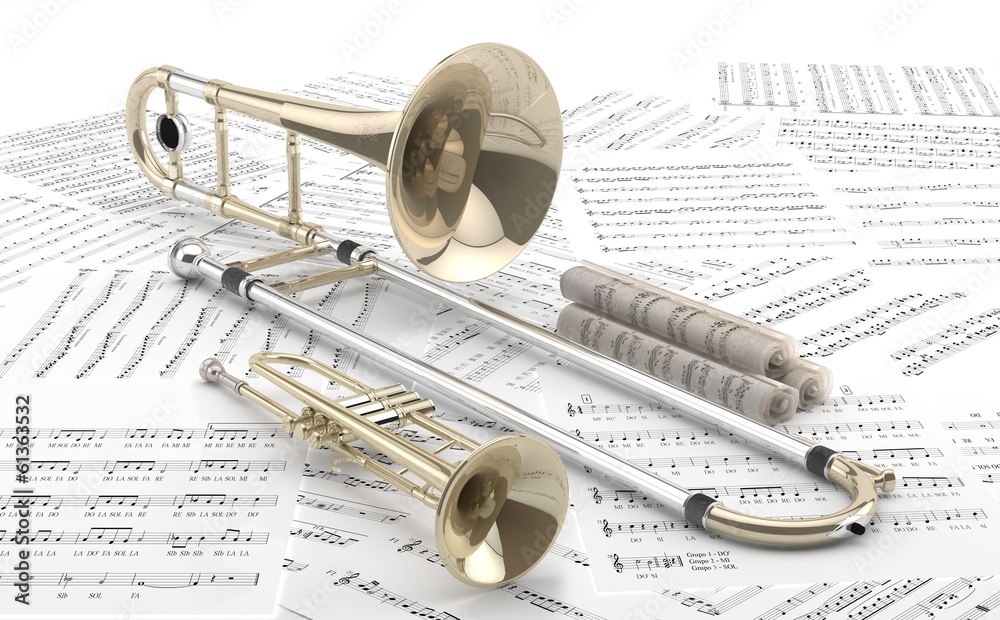 Obraz premium Trombón y Trompeta sobre partituras.