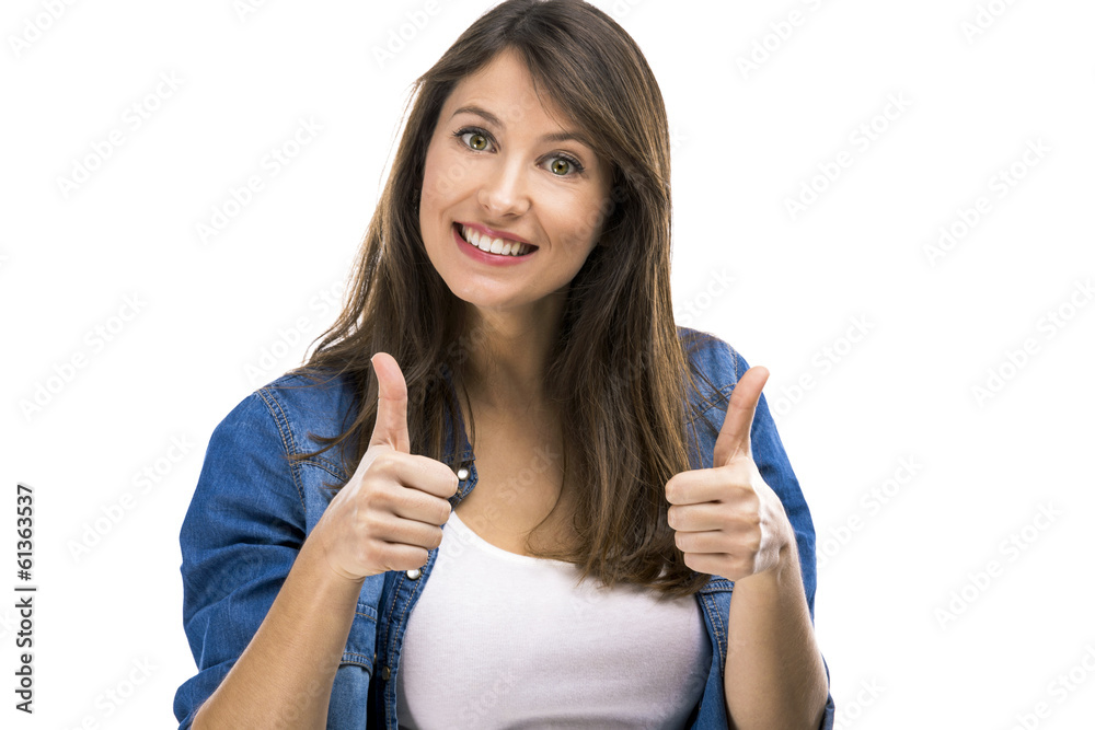 Beautiful woman with thumbs up, isolated over white background Beautiful woman with thumbs up, isolated over white background