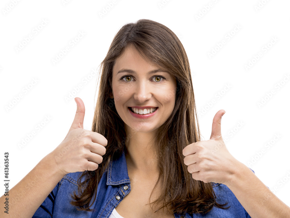 Beautiful woman with thumbs up, isolated over white background Beautiful woman with thumbs up, isolated over white background