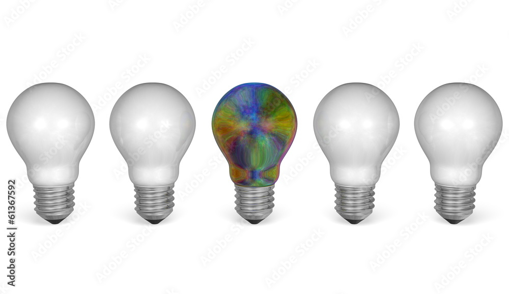One multicolored light bulb in row of white ones. Front view One multicolored light bulb in row of white ones. Front view