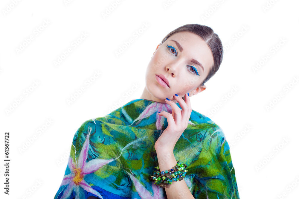 Fashion model long-haired girl with stylish colorful dress Fashion model long-haired girl with stylish colorful dress