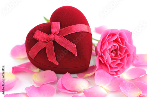 Heart-shaped Gift Box with pink rose on white background