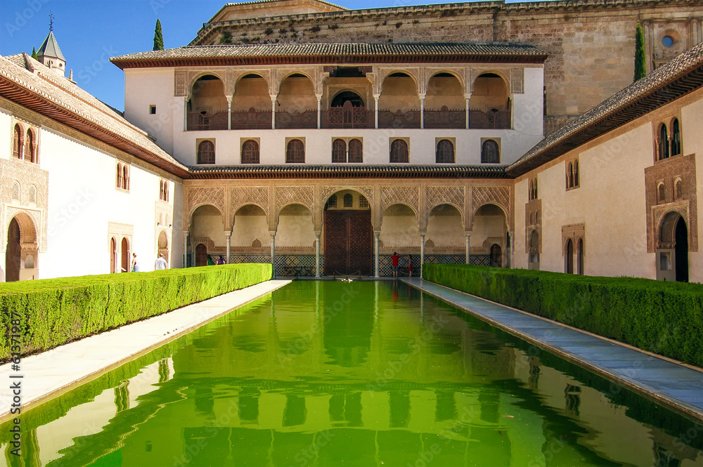 landscape in Alhambra, courtyard with green water