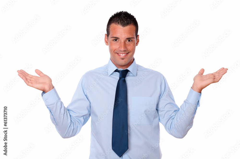 Gorgeous man holding up his palms and smiling Gorgeous man holding up his palms and smiling