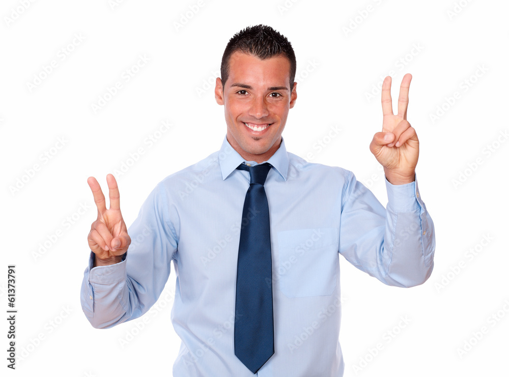 Charismatic guy with two victory gesture Charismatic guy with two victory gesture