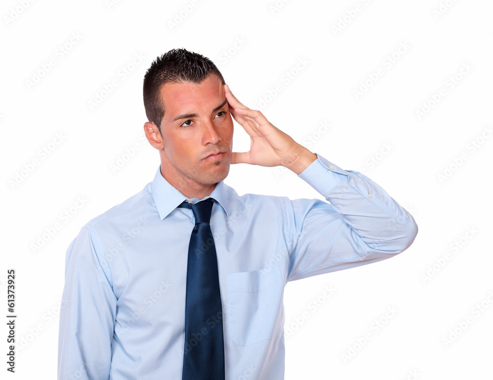 Tired hispanic man with head pain Tired hispanic man with head pain