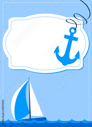 nautical card, sailing boat and anchor on blue background