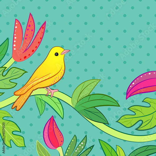 Bright yellow, orange little tropical forest bird and wild green