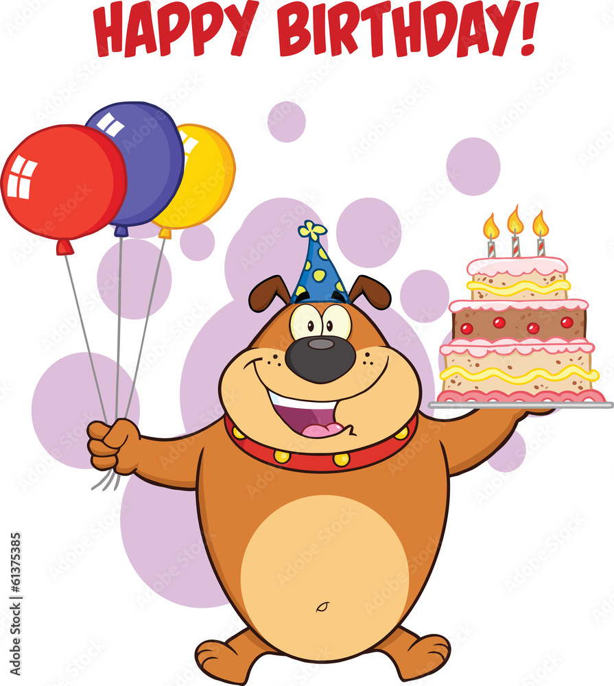 Obraz premium Greeting With Brown Bulldog Holding Up A Birthday Cake