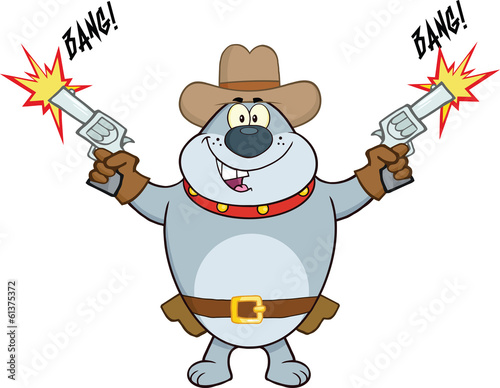 Gray Bulldog Cowboy Character Shooting With Two Guns