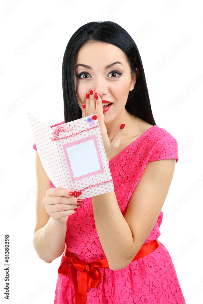 Attractive young woman with Valentine card isolated on white Attractive young woman with Valentine card isolated on white