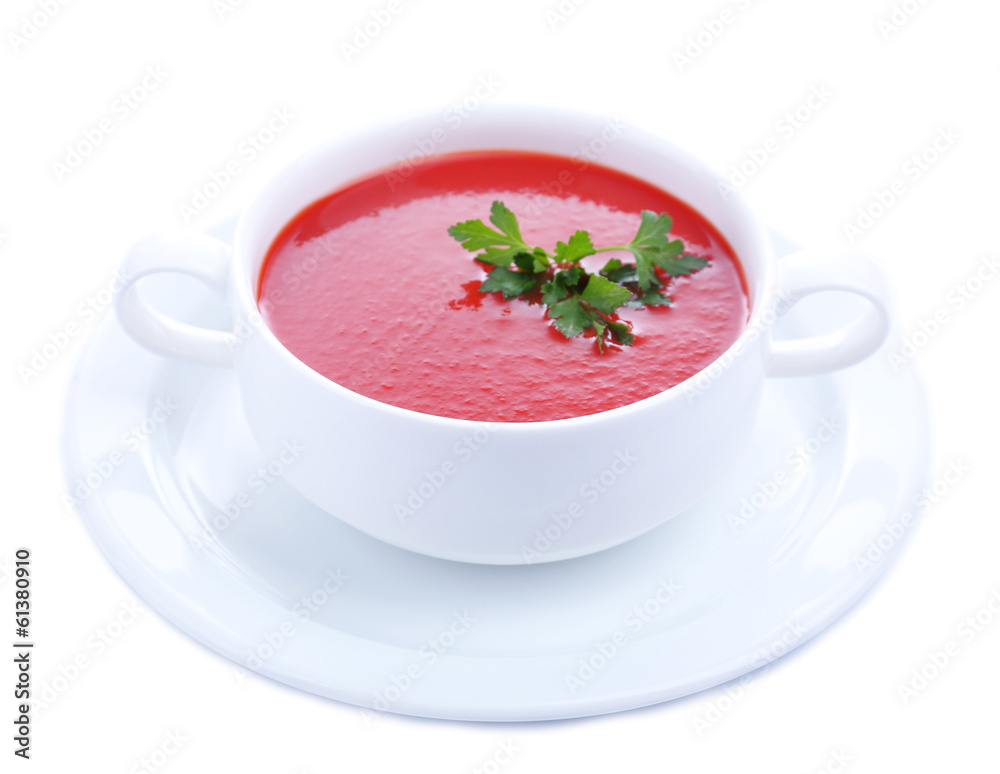 Tasty tomato soup, isolated on white Tasty tomato soup, isolated on white