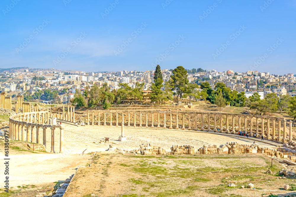Oval Forum in the ancient Jordanian city of Jerash, Jordan