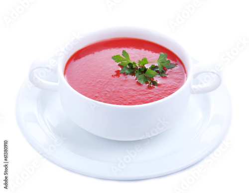 Tasty tomato soup, isolated on white
