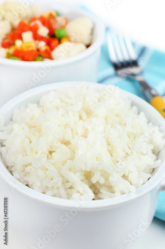 Cooked rice and vegetables close up